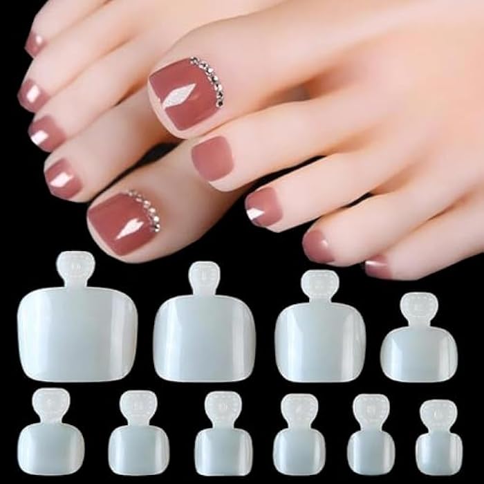 240pc Toenail False Nails Full Cover Artificial Natural Square Toe Nails Acrylic Nail Tips 10 Size French Style for Women Girls Salon Nail Art DIY (Natural) - Image 1